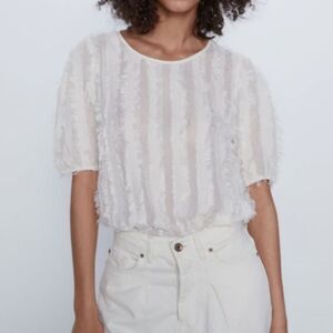 Zara White Fringed Short Sleeve Blouse